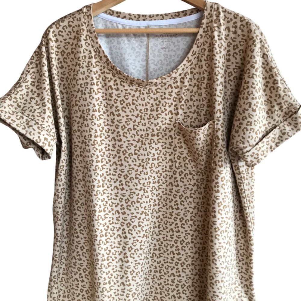 Leopard Print Cuffed Short Sleeved Top New Directions Studio, Cream Tan Size L